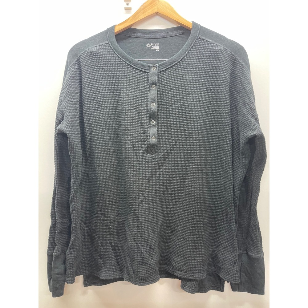 OFFLINE by Aerie Womens Waffle Knit Henley Top Black Long Sleeve Size M